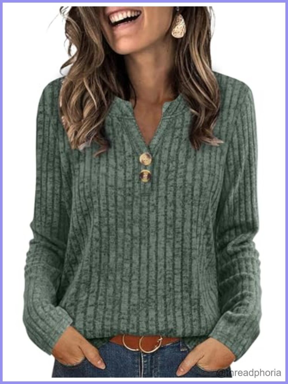 Womens Lightweight V Neck Button Tunic Sweater Long Sleeve Top Casual